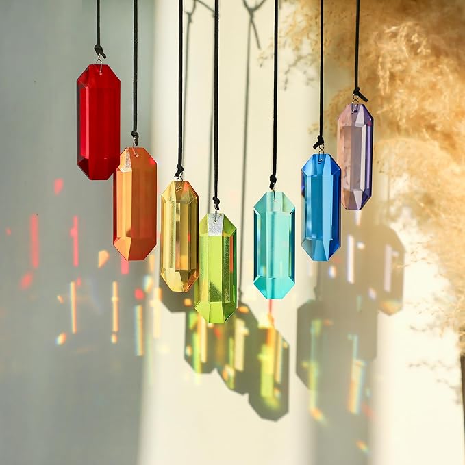 HDCRYSTALGIFTS 7pcs Crystal Suncatcher Prisms 3'' Window Hanging Ornament Rainbow Glass Prism Sun Catcher Decor for Home Garden
