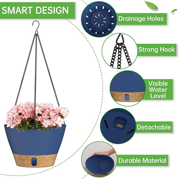 ZMTECH Hanging Planters for Indoor Plants Set of 2 Self Watering Hanging Pots Hanging Baskets Hanging Flower Pots for Outdoor Hanging Plants(8 Inch, Blue)