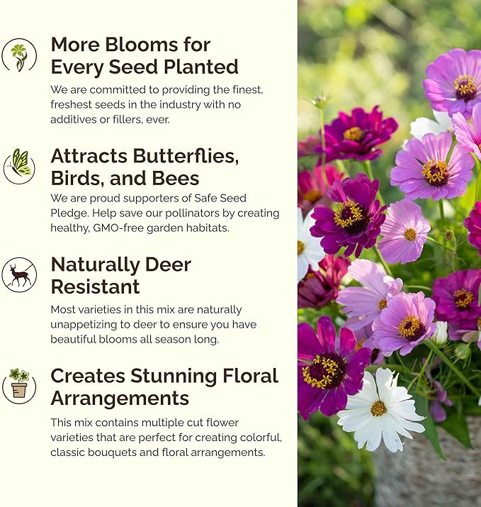 Eden Brothers Purple Rain Flower Mixed Seeds for Planting, 5 lb, 2,400,000+ Seeds with Zinnia Purple Prince & Violet Queen, Cosmos, Attracts Pollinators, Plant in Spring, Zones 3, 4, 5, 6, 7, 8, 9, 10