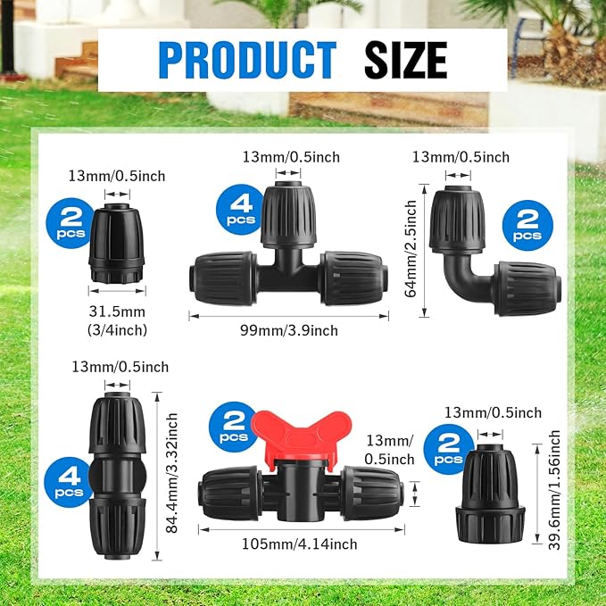 32 Pcs 1/2" Tubing Irrigation Fittings Kit 1/2" ID x 0.6-0.63" OD 16 mm Drip Irrigation Barbed Connectors 4 Switch Valves, 8 Tees, 8 Couplings, 4 Elbows, 4 Ends, 4 Adapters (Blue, Black)