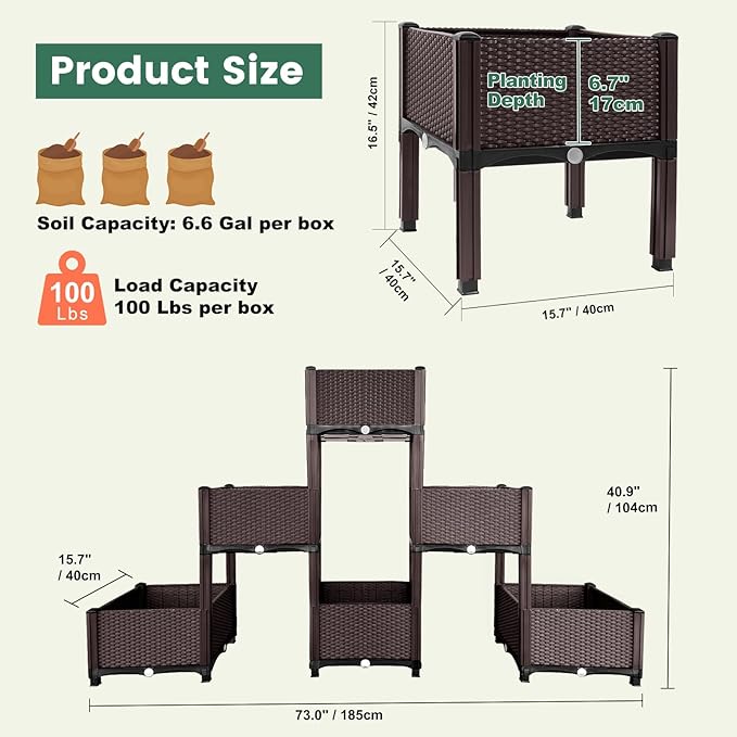 Emalie Raised Garden Beds Elevated Plastic Planter Box with Drainage Plugs Perfect for Vegetables Flowers Herbs Growing Outdoor, 73.0" Lx15.7 Wx40.9 H Brown