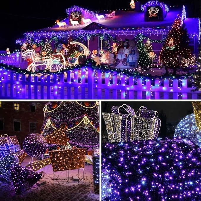 Toodour Solar Christmas Lights, 2 Packs Total 144ft 400 LED 8 Modes Solar String Lights, Waterproof Solar Outdoor Christmas Lights for Garden, Patio, Fence, Balcony, Christmas Tree Decor - Purple