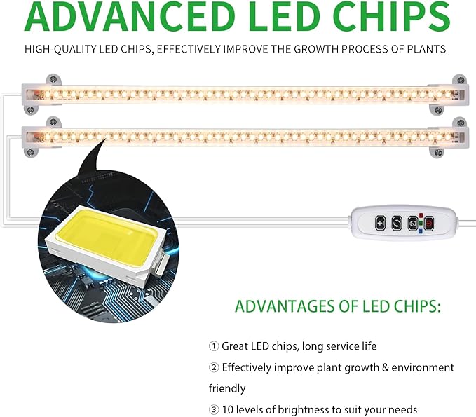 LED Grow Light Strips, Grow Lights for Indoor Plants Full Spectrum 3000K, 96 LEDs Plant Light with 3/9/12H Timer, 10 Dimmable Levels for Seedling Succulent, 2 Head 13 Inches