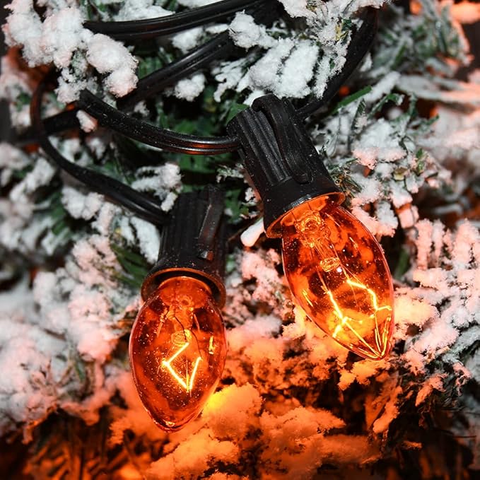 Christmas Orange String Lights Outdoor, 25Ft C7 Christmas Decorations Lights with 27 Clear Orange Bulbs (2 Spare), Waterproof Vintage Christmas Lights for Patio Halloween Party Holiday Garden- Black