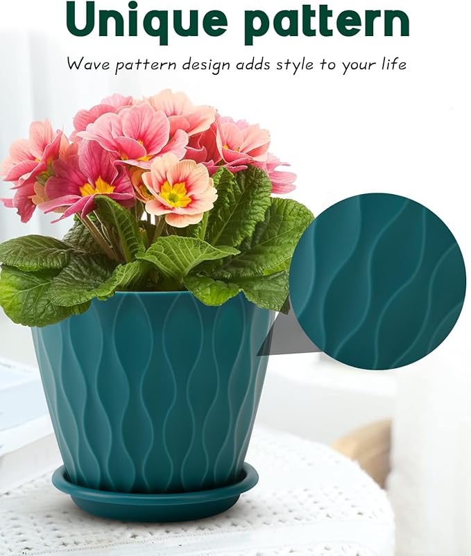 6 Inch Indoor Planter Pots with Drainage Hole and Tray Saucer,Flower Pots for Indoor Outdoor Garden Plants and Flowers, Multicolor, 5 Packs (Blue)