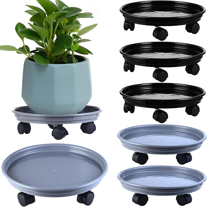 6 Packs Plastic Plant Caddy with Casters 12” Plant Dolly Heavy Duty Rolling Plant Stand with Wheels for Indoor and Outdoor Large Heavy Plant Pot Rollers, Black and Grey