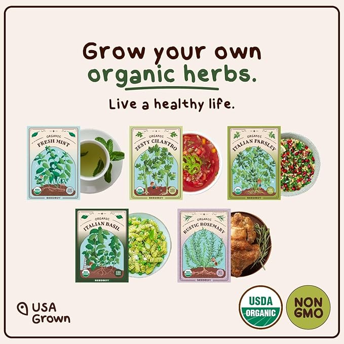 Organic 5 Herb Variety Pack: Basil, Mint, Rosemary, Parsley, Cilantro Seeds for Indoor Gardening or Planting Outdoors, Non-GMO and USDA Certified Herb Seed Packets (5 Herb Variety Pack)