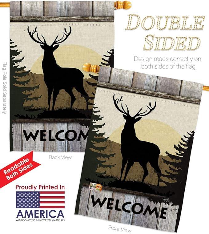 Welcome Deer House Flag Dowel Set Animals Wildlife Outdoor Bear Wolf Pet Nature Farm Animal Creature Small Decorative Gift Yard Banner Double-Sided Made In USA 28 X 40