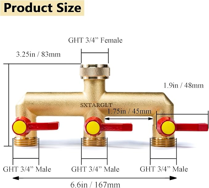 Brass Garden Hose Splitter,3 Way Hose Splitter with 3 Extension Handles, GHT 3/4”Outdoor Faucet Diverter for Irrigation System with Extra 1 Filter Rubber Washers 3 Quick Connectors 1 Tape
