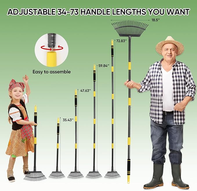 Garden Leaf Rakes, 6FT Rakes for Lawns Heavy Duty 25 Metal Tines 18.5 inch Wide, Adjustable Long Steel Handle, Rakes for Leaves, Gathering Shrub, Leveling Grass, Flower Beds, Yards