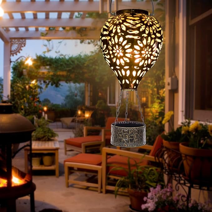 Solar Hot Air Balloon Lantern, Hanging Outdoor Waterproof Yellow LED Lantern