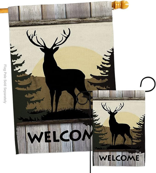 Welcome Deer Garden House Flags Set Animals Wildlife Outdoor Bear Wolf Pet Nature Farm Animal Creature Small Decorative Gift Yard Banner Double-Sided Made In USA 28 X 40