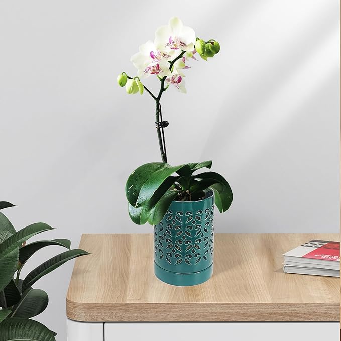 Ceramic Orchid Pot 4 Inch, Orchid Pots with Holes, Plant Pot for Repotting, Flower Planter Pot Indoor Outdoor, Breathable Slotted Orchids Planter Green