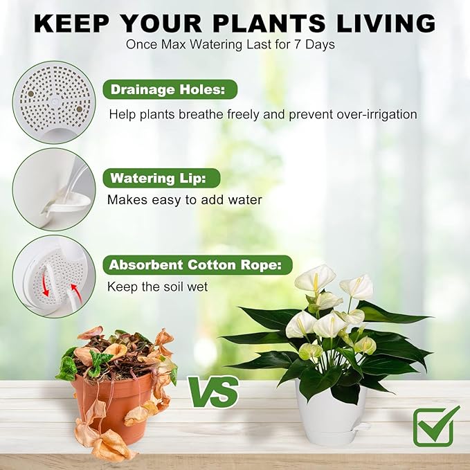 Plant Pots, 7/6.5/6/5.5/5 Inch Self Watering Planters, Pots for Indoor Plants with Drainage Hole for Succulents, African Violet (Matte White)