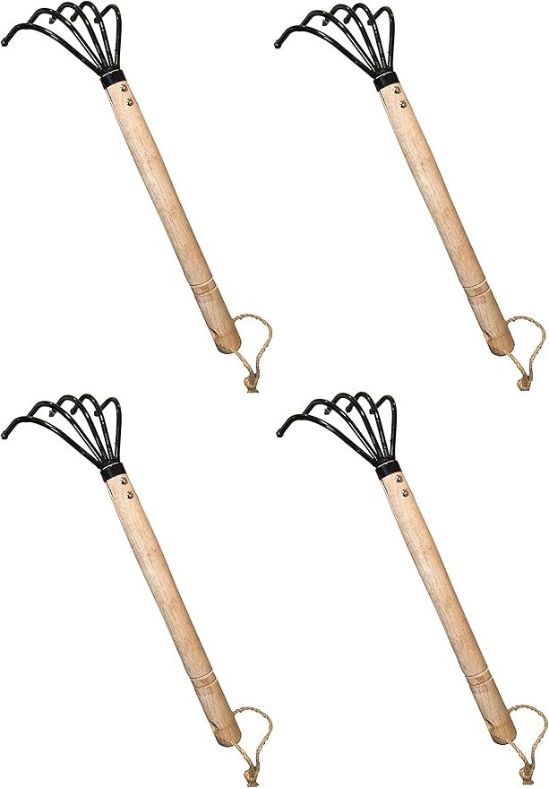 Garden Guru Hand Rake Cultivator Claw Soil Tiller - Military Grade Steel - Rust Resistant - 5 Tine Japanese Ninja Claw - Comfortable Wood Handle - Perfect Pulverized and Aerated Soil (4 Pack)