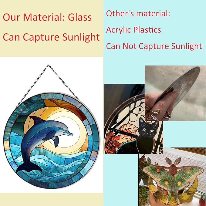 Dolphin Pattern Suncatcher Stained Glass,Hanging Stained Glass for Windows,20cm/7.87inch Hand-Painted Sun Catcher Garden Hangings Painted Glass Panel Decor Themed Gift