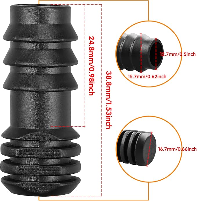 Drip Irrigation Fittings for 1/2 inch Irrigation Tubing(0.60"-0.63" OD), 15 Pieces End Plug Barbed Connectors, End Caps Plastic Plug Nuts for 1/2" Drip Irrigation Hose (13mm ID)