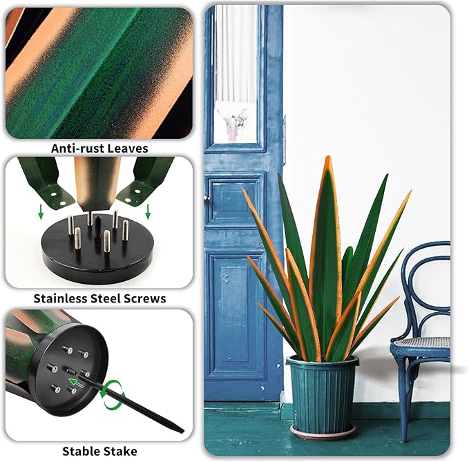 Large Tequila Rustic Sculpture, Rustic Metal Agave Plants for Outdoor Patio Yard, Home Decor Hand Painted Metal Agave Garden Yard Statue, Outdoor Lawn Ornaments Yard Stakes (Dark Green - M)