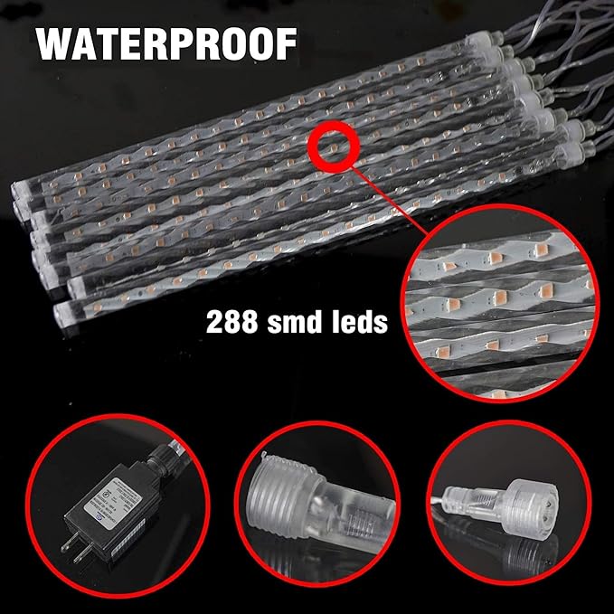 TW SHINE White Christmas Meteor Shower Lights Outdoor, 288LED 12" 8 Tubes Waterproof Christmas Lights Outdoor Plug in, Snow Falling Rain Icicle Xmas Lights Decorations, White