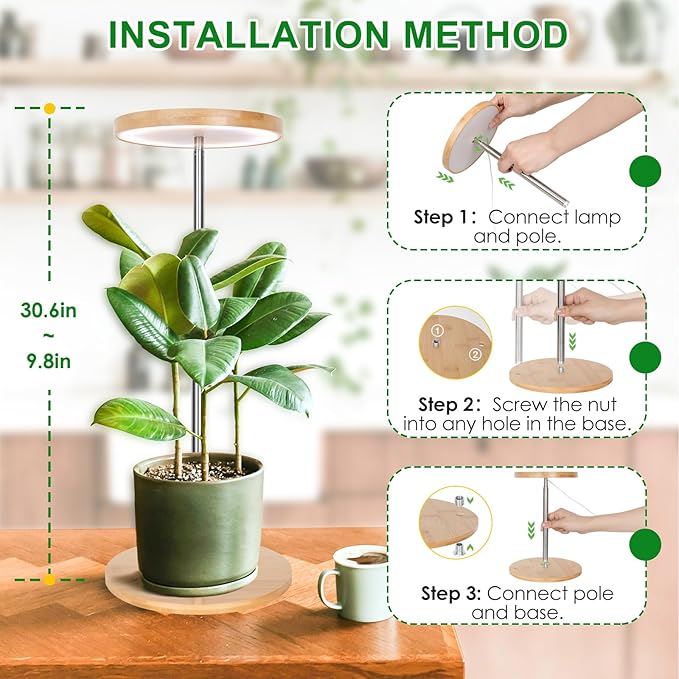 LORDEM Bamboo Grow Light, LED Plant Light for Indoor Plants Growing, Full Spectrum Bamboo Desk Growth Lamp with Automatic Timer for 4H/8H/12H, 4 Dimmable Levels, Height Adjustable