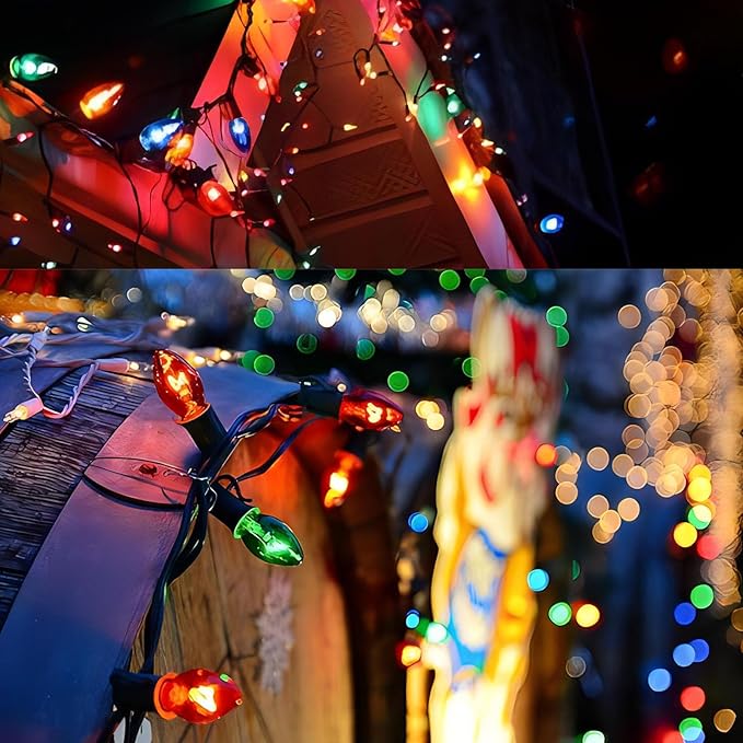 C7 Christmas Lights Outdoor, 25Ft Vintage Christmas String Lights with 27 Multicolor Clear Bulbs, Hanging Christmas Decorations Lights for Outdoor Indoor Roofline House Garden Patio Party Holiday