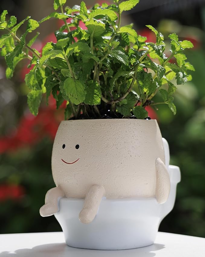 Smily Face Planter Pot Funny Toilet Plant Pots Cute Resin Flower Head Planters Succulent Pots for Indoor Outdoor Plants Unique Bathroom Planter with Drainage Hole (Small)