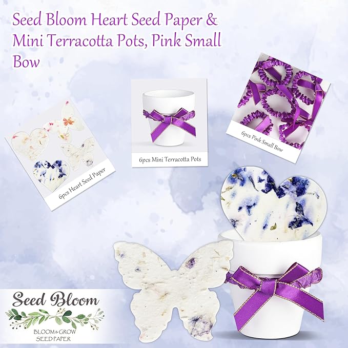 Set of 6 Seed Paper – 6 Purple Butterflies & 6 White Pots with Bow for Weddings & Life Events
