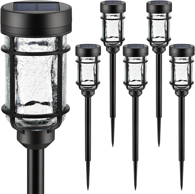 Solar Pathway Lights 6 Pack, Color Changing+Cool White LED Solar Lights Outdoor, Waterproof Solar Crackle Glass Stake Lights for Garden Path Walkway Backyard Lawn Landscape Decoration