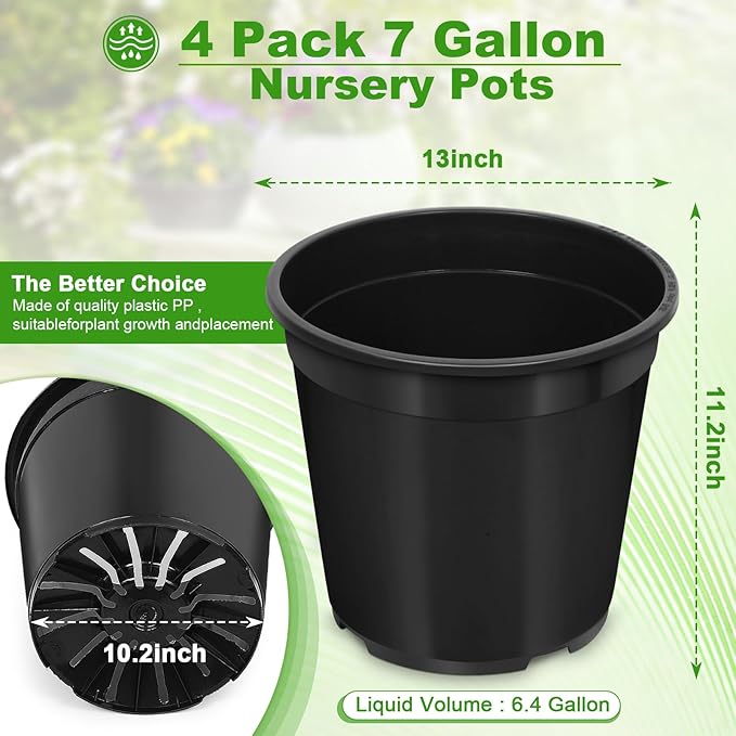1/2/3/5/7 Gallon Pots for Plants, 7 Gallon Plastic Nursery Pot with Drainage Holes, Sturdy Plastic Plant Pots for Nursery Garden, Flowers, Succulent Outdoor Indoor (Black, 7 Gal- 4 Pack)