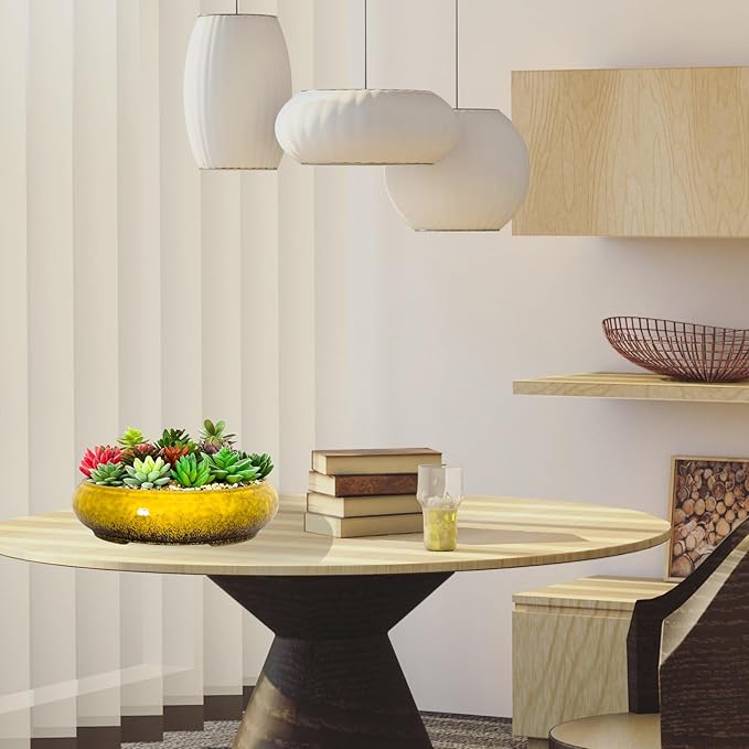 Succulent Pots - 11.5 Inch Ceramic Bonsai Pots with Drainage, Large Shallow Succulent Planters for Indoor Outdoor Plants, Round Glazed Cactus Flower Plant Container Bowl Home Desk Decor(Yellow)