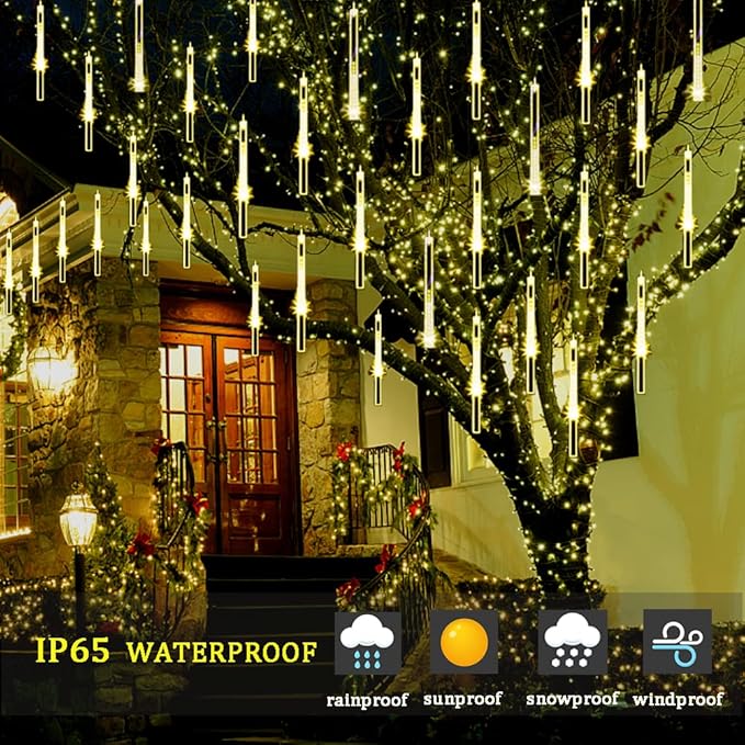 Christmas Lights Outdoor, Meteor Shower Lights Falling Star Lights 16 inch 8 Tubes 256 LED Icicle Snow Falling Lights Raindrop Lights for Xmas Tree Holiday Party Decoration, UL Plug, Warm White