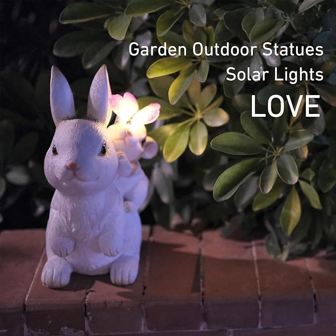 Garden Outdoor Statues Rabbit with Solar Lights,Mother&Baby Bunny Figurine with Solar Butterfly Changing Lights for Yard Art Garden&Patio Decor,Unique Thanksgiving&Birthday Gifts for Women Mom Grandma