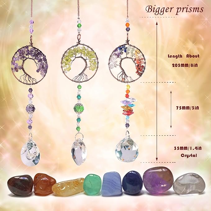 Sun Catcher Crystal Hanging Tree of Life SunCatchers Healing Crystals for Indoor Window, Home Decor, Car Charms Pack of 3