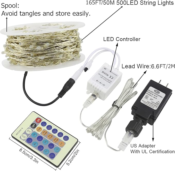 RUICHEN Green Dimmable Fairy Lights Plug in, Super Long 165 Ft 500 LED Twinkle String Lights with Remote, Waterproof Silver Wire Firefly Lights for Christmas Wedding Party Bedroom Patio Garden