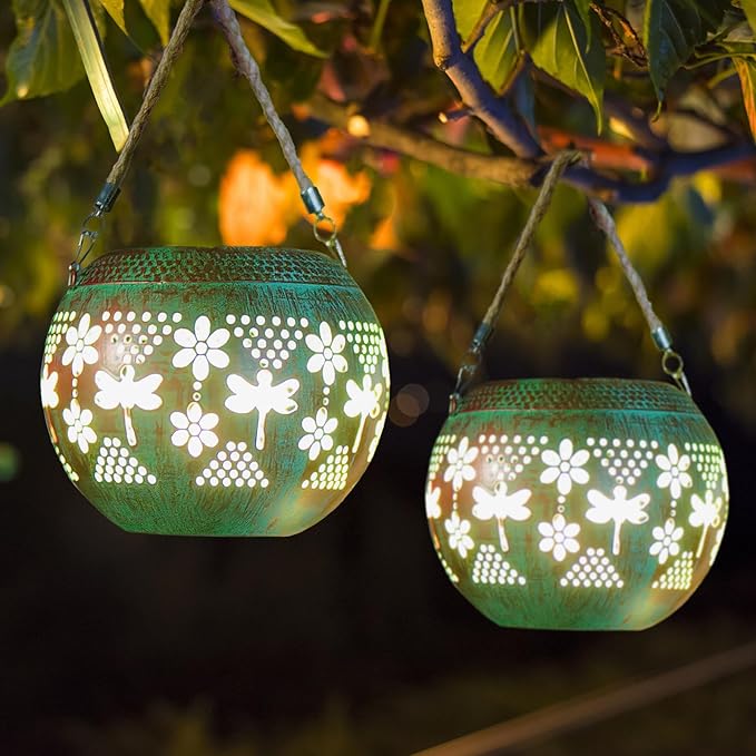 Starsoul 2 Pack Solar Lanterns Waterproof Outdoor, Dragonfly Hollow Out Metal Decoractive Hanging Solar Lantern Lights for Outside Garden Yard Porch Tabletop Patio Decor, Gardening Gifts for Women Mom