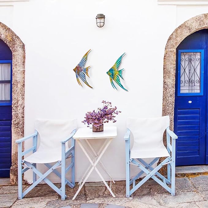LIFFY Metal Fish Wall art Decor Beach Wall Decor Angelfish Art Sculpture Hanging for Outdoor Ocean Beach Sea Pool Decorations(Pair of Angelfish)
