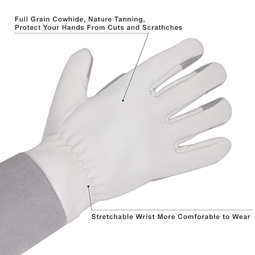 HLDD HANDLANDY Gardening Gloves for Women & Men, Leather Long Sleeve Rose Pruning Gloves, Thorn Proof Garden Work Gauntlet Animal Handling Gloves (Small, Gray)