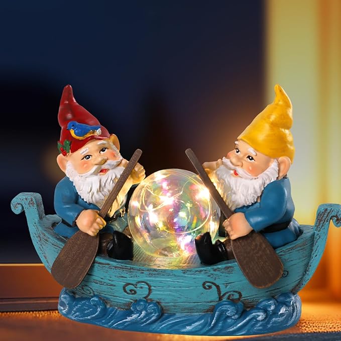 Solar Gnome Boating Garden Statues with Ball Light 4.6" Resin Gnomes Figurines Decorations for Yard Patio Lawm Porch Balcony Funny Housewarming Birthday Gardening Gifts for Women Moms