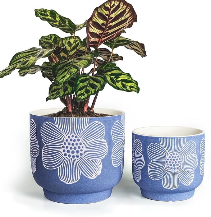 YBX 8 Inch + 6 Inch White Flower Pattern Plant Pots, Sand Glazed Ceramic Planter with Drainage Hole, Flower Pots for Indoor Plants, Blue