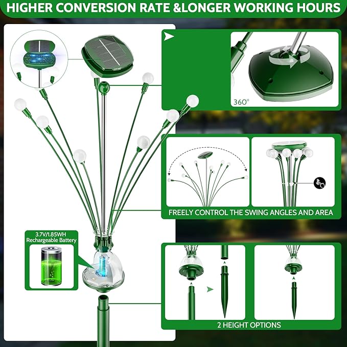 HIGH Power Solar Garden Lights Outdoor, 2 Pack 18 LED Solar Firefly Lights Fairy Swaying by Wind for Outside, IP67 Waterproof, for Patio Garden Yard Walkway Sidewalk, Green