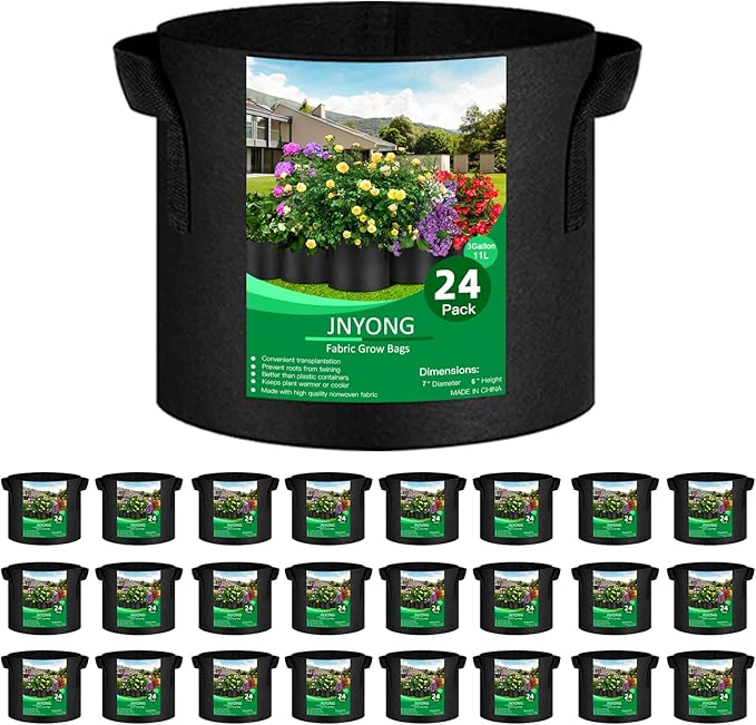 24-Pack 3 Gallon Thickened Non-Woven Grow Bags, Aeration Fabric Pots with Handles