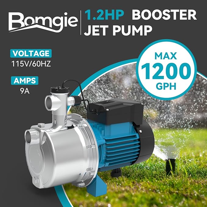 1.2 HP Smart Control Booster Jet Pump, 1200 GPH 115V Stainless Steel Shallow Well Pump with Automatic On/Off for Home, Garden, Farm Irrigation, and Sprinkler Systems, Enhanced Water Pressure