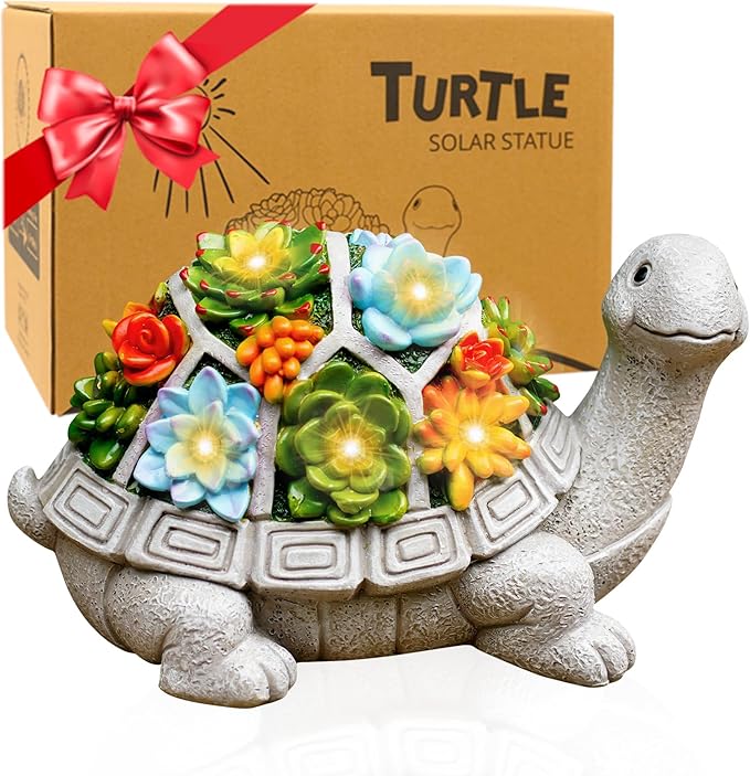 Solar Garden Turtle Statue - Turtle Decor with 7 Warming Solar LED Lights, Outdoor Decorations for Yard Patio Lawn & More, for Women, Moms, Birthdays or Turtle Lovers