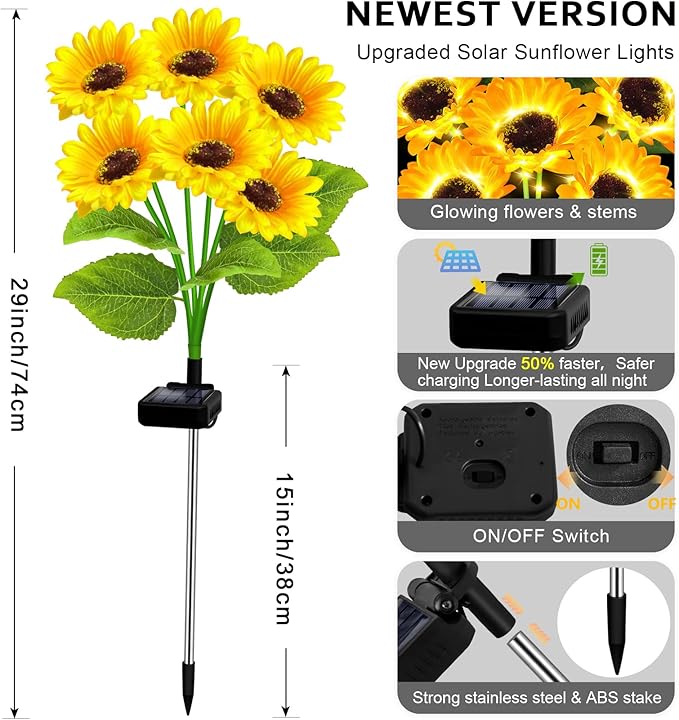 Solar Lights Outdoor Garden Decor,4 Pack with 24 Sunflower Lights,Solar Flowers Lights Waterproof,Sunflowers Gifts for Mom Women Grandma Birthday,Decorative Stakes Lights for Landscape Yard Patio Lawn