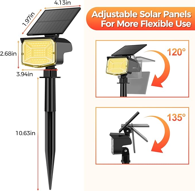 Solar Spot Lights Outdoor, 92 LEDs Landscape Lighting with 3 Lighting Modes and Auto On/Off, IP67 Waterproof Spotlights, Outdoor Solar Lights for Yard Garden, 2 Pack (Warm White)