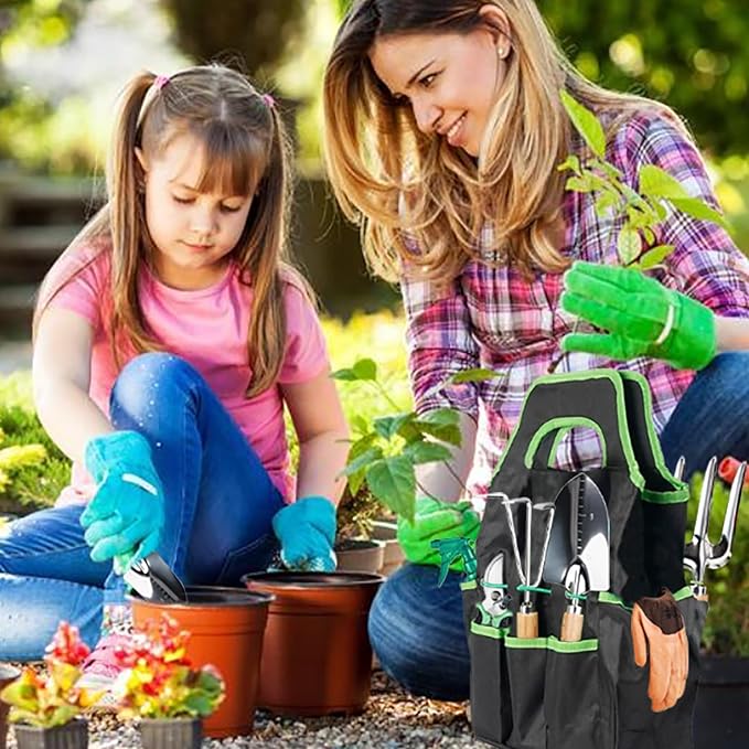 Garden Tools Set, 9PCS Heavy Duty Gardening Tools with Storage Garden Tote Bag, Rust-Proof Stainless Steel Garden Supplies Hand Tools with Wood Handles, Ideal Garden Gifts for Women Men