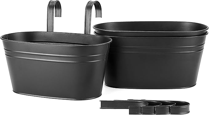 Dahey Metal Iron Hanging Flower Pots for Railing Fence Outdoor Planter Hanging Bucket Pots Countryside Style Window Flower Plant Holder with Detachable Hooks Home Decor,Black,5 Pcs