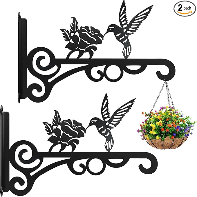 2-Pack 10 Inch Aesthetic Plant Hangers Outdoor – Metal Hanging Plant Bracket with Beautiful Hummingbird Pattern – Heavy Duty Plant Hooks for Hanging Plants, Bird Feeder, Wind Chime, Lantern