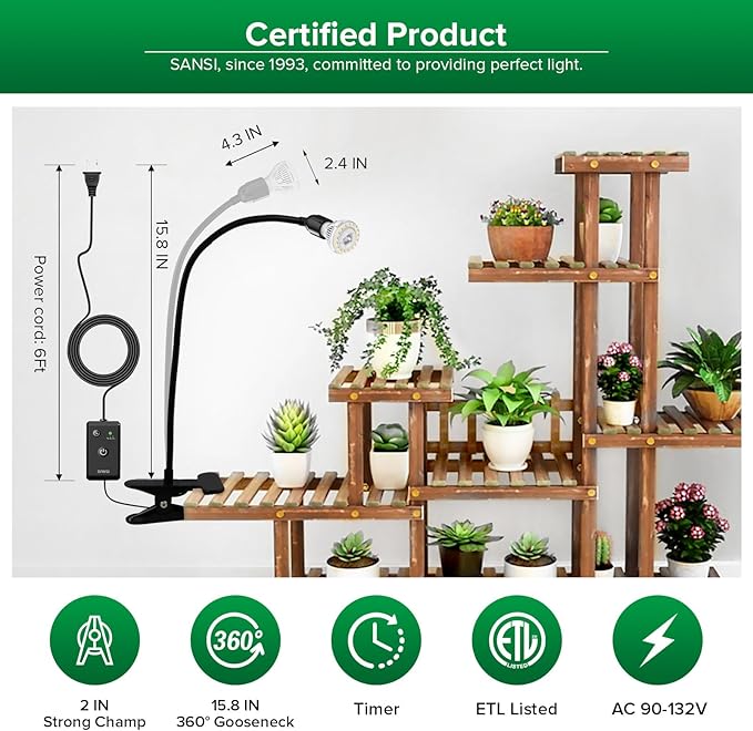 SANSI LED Grow Lights for Indoor Plants, Lifetime Free Bulb Replacement, 150W Full Spectrum Gooseneck Clip Plant Grow Light, Plant Light with Timer 4/8/12 Hrs, High PPFD Growing Power Grow Lamp