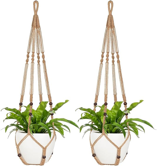 Mkono 43 Inch Macrame Plant Hanger Large for up to 12 Inch Pot Extra Long Hanging Plant Holder No Tassels Hanging Planter Basket with Wood Beads for Indoor Outdoor Home Decor, Brown, Set of 2